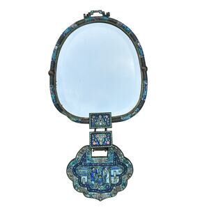 Antique Chinese Cloisonné Mirror Qing Dynasty enamel‎ Silvered Dragon Back Dent